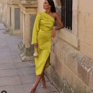 ZARA WOMAN SS22 LIME GREEN SATIN EFFECT ASYMMETRIC DRESS SIZE L